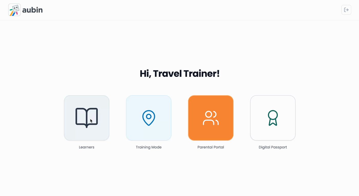 The Aubin Travel Training home screen with four options: Learners, Training Mode, Parental Portal and Digital Passport.
