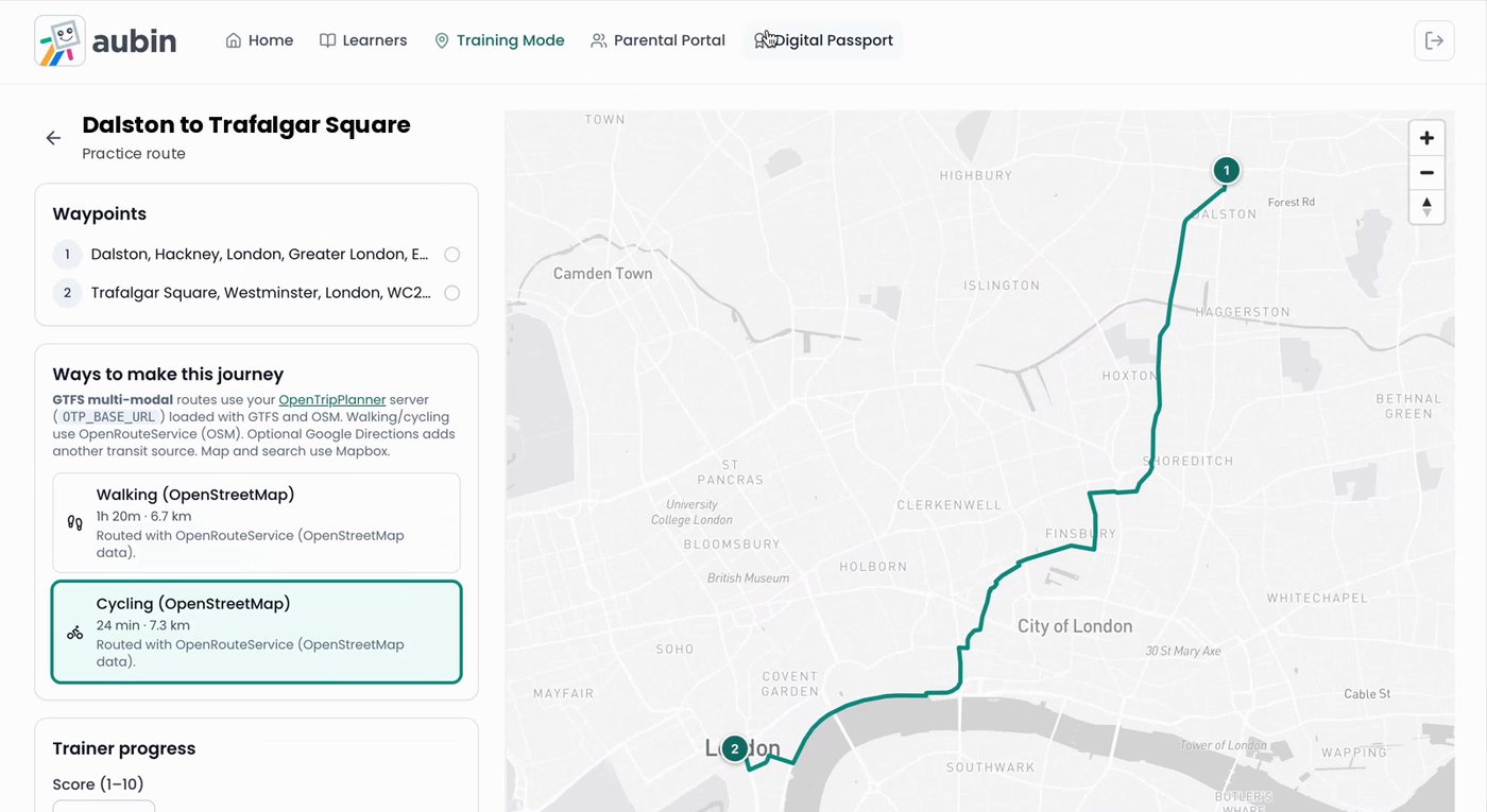 Training Mode showing a practice route from Dalston to Trafalgar Square, with waypoints, walking and cycling options, a trainer score and the route on a map.